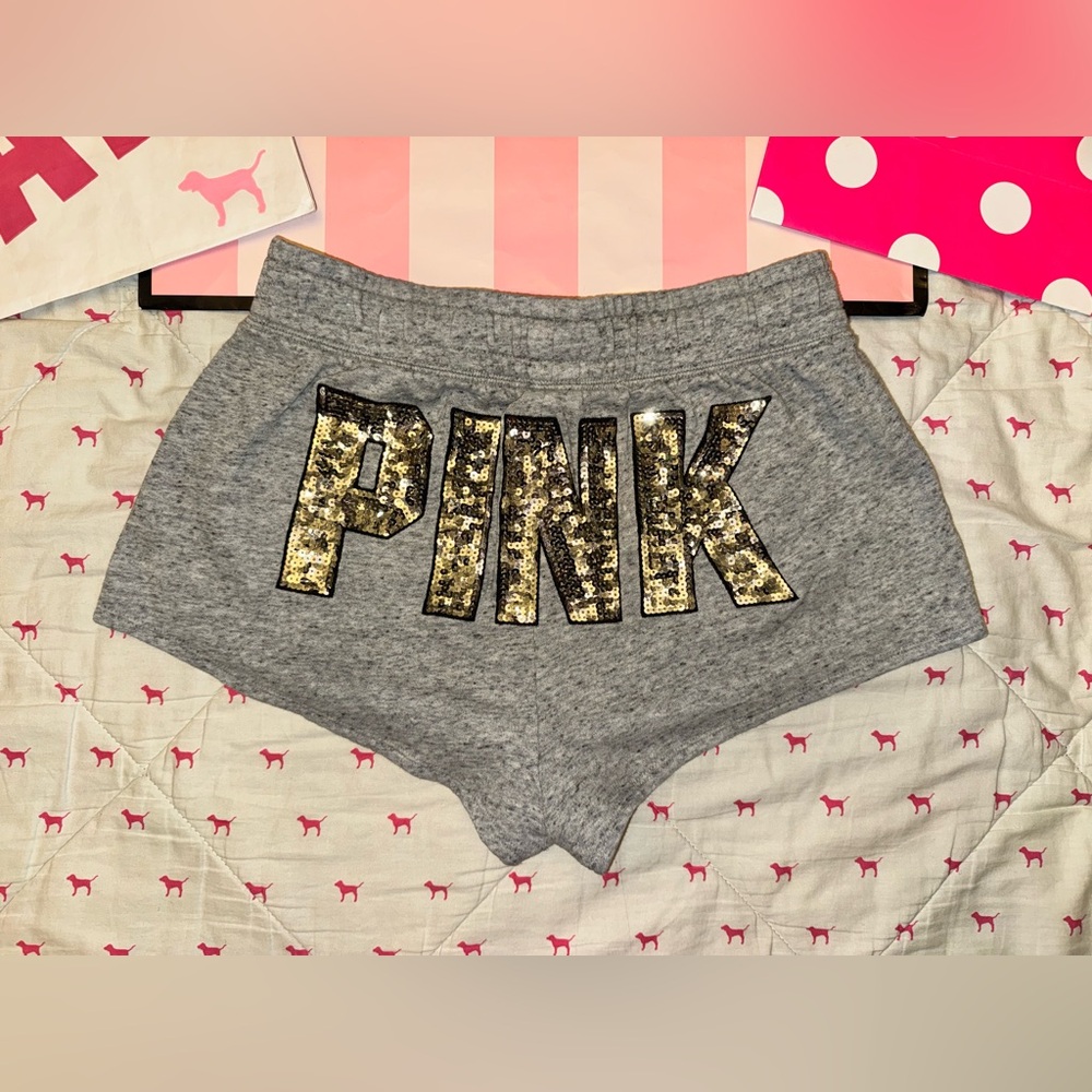 VICTORIA’S SECRET VS PINK VARSITY SHORTS GRAY GOLD BLING DOG PUP LOGO RARE HTF M